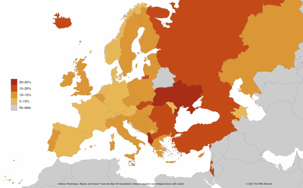 Euroopan karttakuvassa on merkitty eri asteisella punaisella, missä maissa esiintyi enemmän ahdistuneisuutta vastaajilla. Punaisimmalle merkityt maat ovat Ukraina ja Albania.